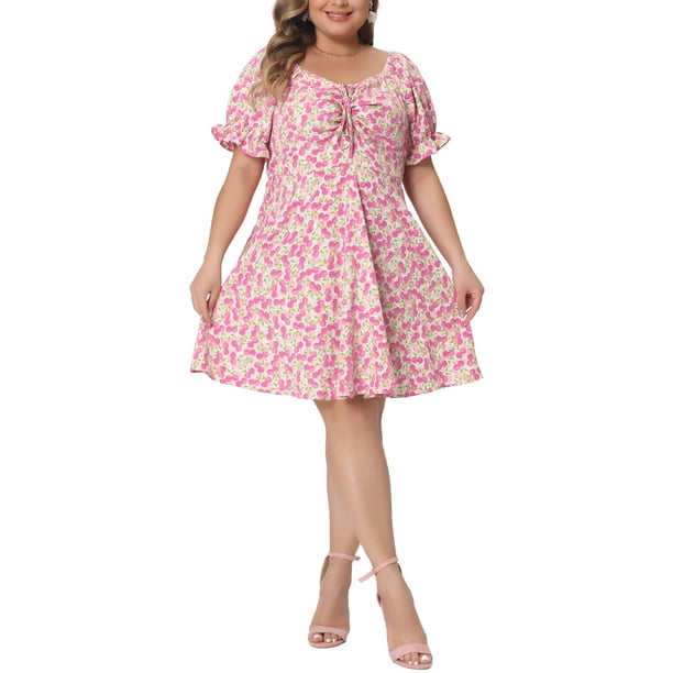 Vestido de Pascua de Talla Grande para Mujeres Agnes Orinda, Verano, Escote Corazón, Manga Corta Abullonada, Midi Floral, 3X Rosa Fucsia