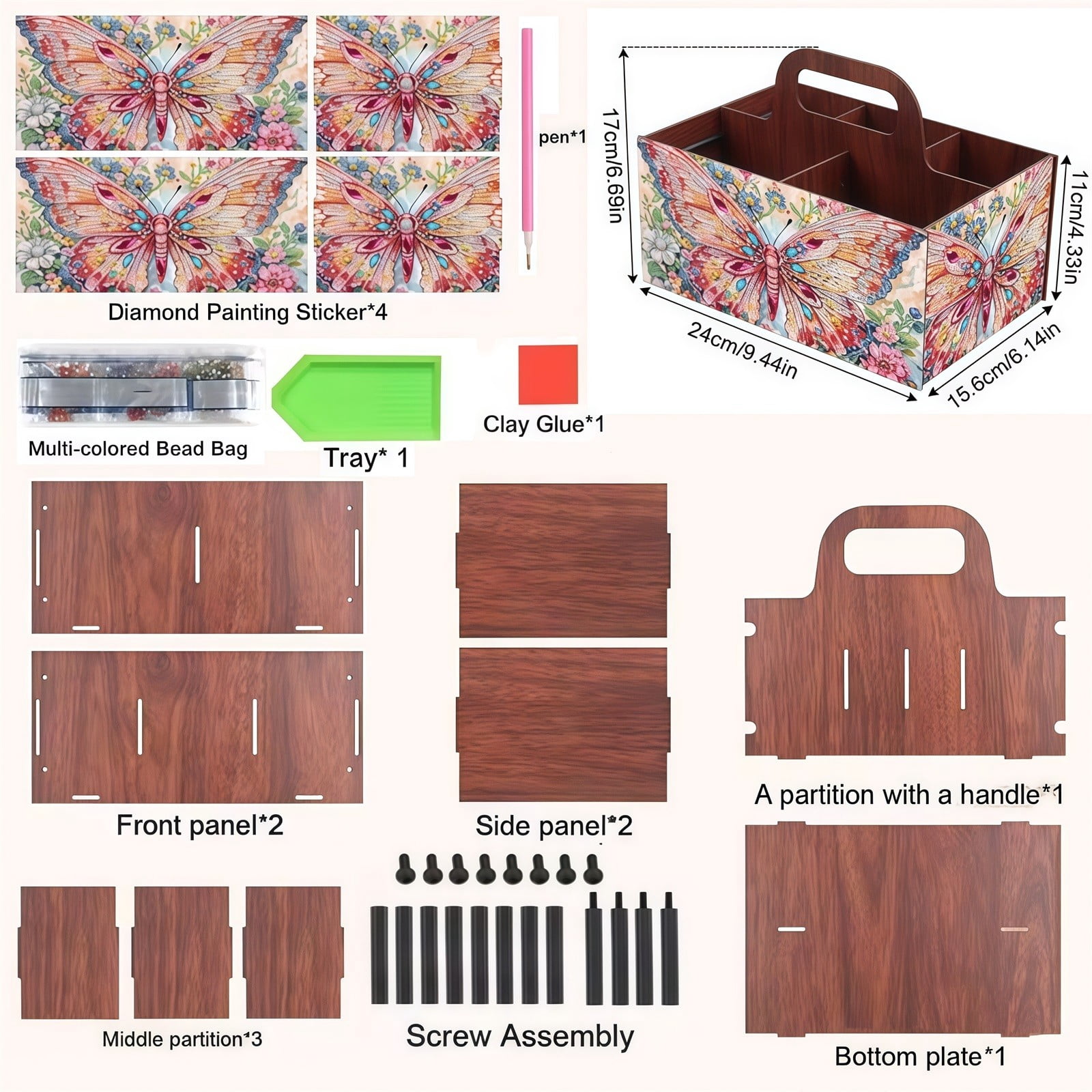 FLOPESN DIY Butterfly Diamond Art Painting 5 compartments Wooden Storage Box, 9.44*8.14in, Practical Rectangular Assembly Portable Multi-Grid Box