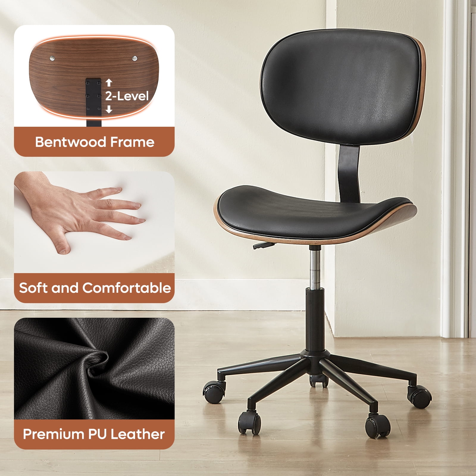 Bestier Bentwood Ergonomic Armless Office Desk Chair with Wheels, Comfy Computer Chair with Lumbar Support, PU Leather Mid Back Adjustable Height 360° Rolling Swivel Task Chair No Arm for Home, Black