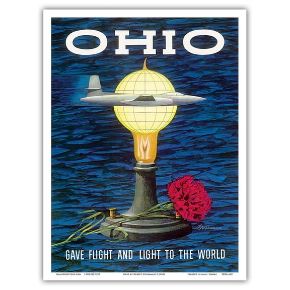 Ohio USA - Gave Flight and Light to the World - Birthplace of Thomas Edison Wright Brothers - Vintage Travel Poster by Robert Geissmann c.1960s - Master Art Print (Unframed) 9in x 12in