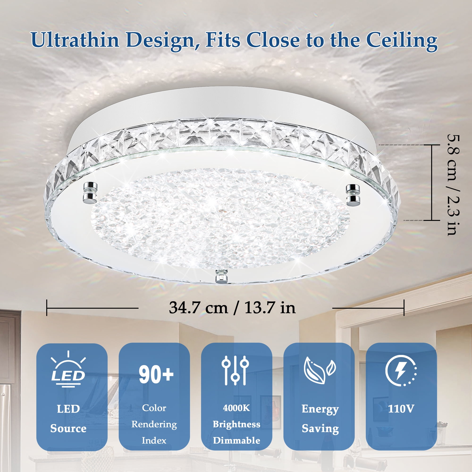 Uznhty LED Ceiling Light Flush Mount 13 Inch Crystal Ceiling Light,Bathroom Ceiling Light Fixtures for Kitchen Porch Living Room Dimmable 4000K