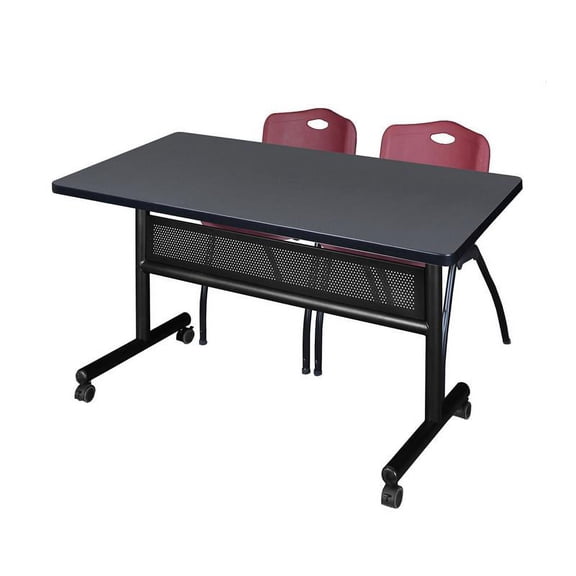48" x 30" Flip Top Mobile Training Table w/ Divider- Grey & 2 Stack Chairs
