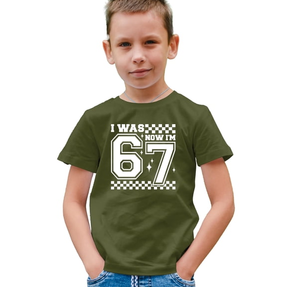 I was 6 Now I'm 7 Unisex Birthday Shirt for Boys & Girls Trendy Check 7th Birthday Tee Military Green Shirt Youth Medium