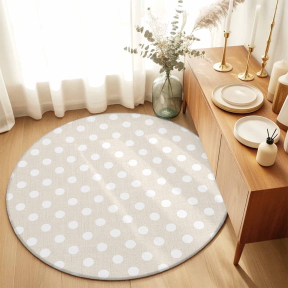 Round Rugs 3Ft, Beige White Polka Dots Round Area Rug Washable Indoor Throw Carpet, Modern Abstract Art Rustic Small Non Slip Circle Rug for Bedroom Living Room Home Decor Aesthetic