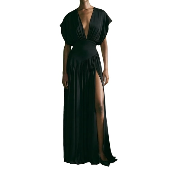 FAWUUDO Maxi Dresses for Women Deep V Neck High Waist A-Line Formal Wedding Guest Party Gown Sleeveless Long Dress Black