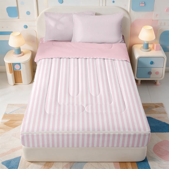 Erosebridal Modern Lines Zipper Twin Comforter Sets with Fitted Sheet and 2 Pillowcases,Minimalist Geometric Stripes Zipper Bedding Set,Pink Reversible,4pcs