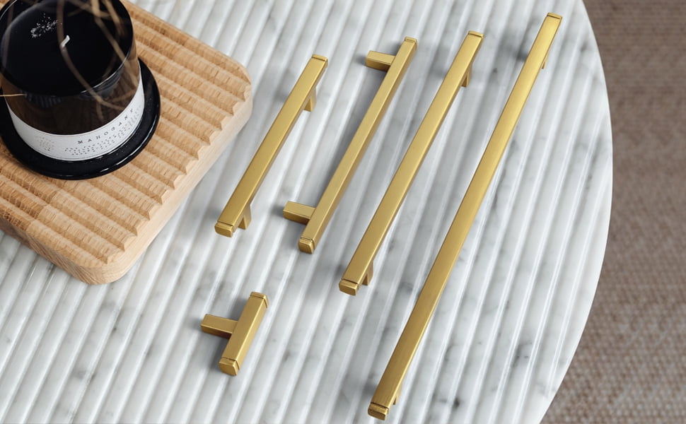 Goo-Ki 12-Pack Brushed Brass Drawer Handles 5 in (128mm) Hole Centers Straight Bar Pull, Solid Cabinet Handles for Kitchen Cabinets and Dresser Drawers