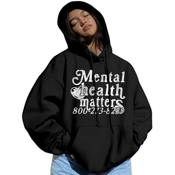 Bibifish Hoodies For Women Casual Preppy Mental Health Matters Letter Print Hoodies Long Sleeve Fleece Lined Tops With Pocket