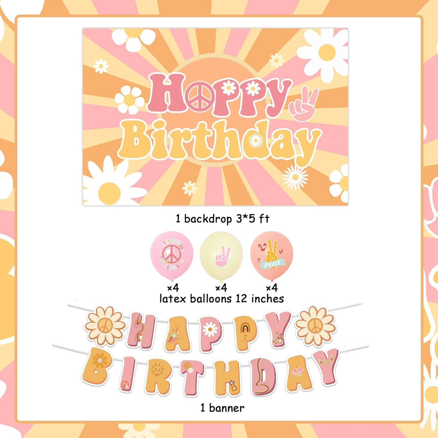 Groovy Birthday Decorations for Girls, Hippy Boho Happy Birthday Backdrop Banner Daisy Birthday Garland Flower Power Balloons for Retro Hippie 1960s 1970s One Two Groovy Party Supplies