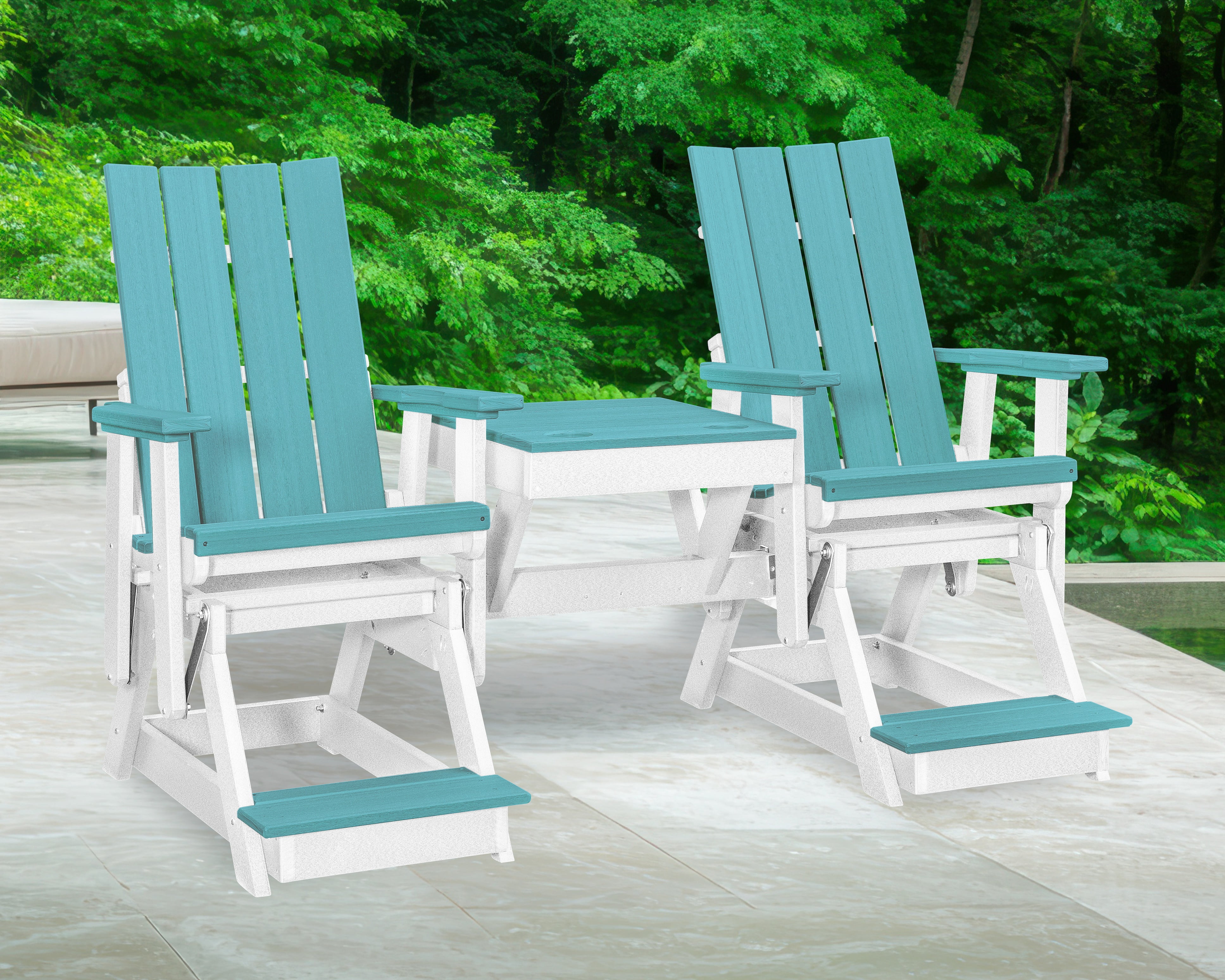 American Furniture Classics Model 416ARW-K Brandon Double Balcony Height Glider with Center Table in Aruba Blue on a White Base