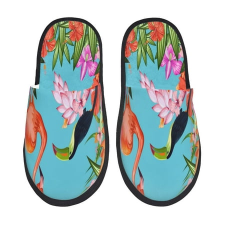 Balery Tropical Jungle Flamingo Slient Indoor Furry Fleece Comfort House Shoes Soft Non-Slip Home Shoes Cotton slippers House Slippers-- Large