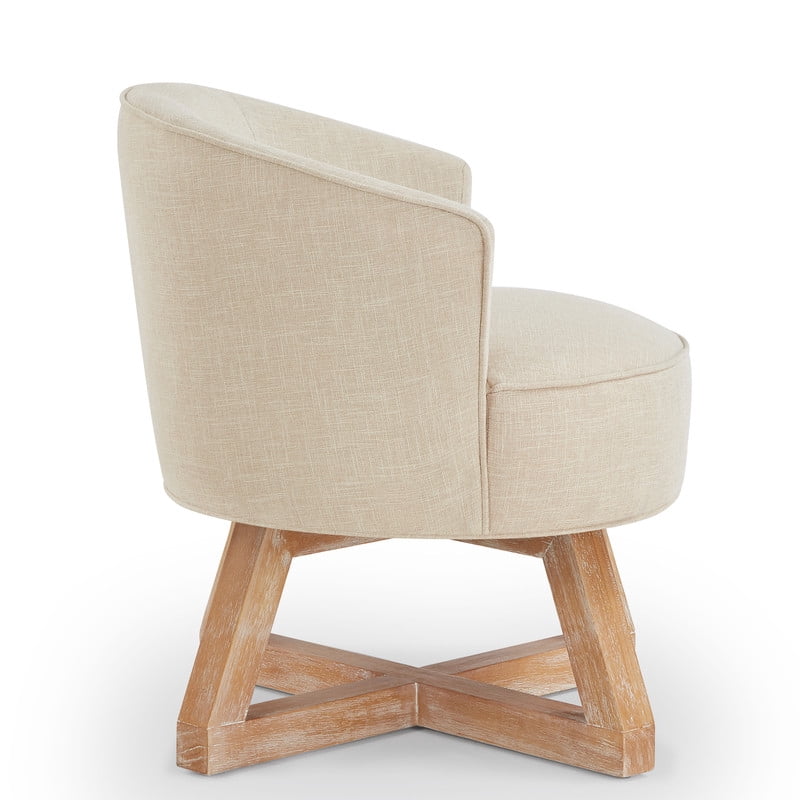 360° Swivel Accent Chair with Solid Wood, Linen Upholstered Barrel Chair, Cross Shaped Leg Armchair, Easy Assembly for Living Room, Beige