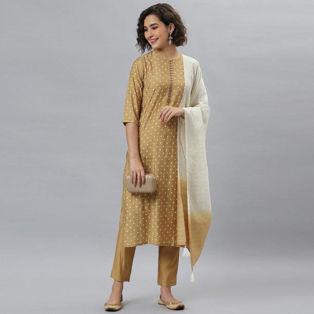 Janasya Indian Round Neck 3/4 Sleeve Bandhani Gold Poly Silk Kurta With Pant and Dupatta For