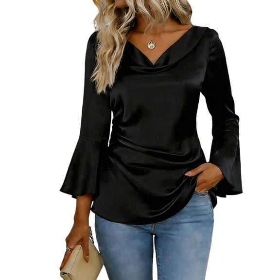 DAFPZW Womens Satin Blouse Cowl Neck Draped Silky 3/4 Bell Sleeve Tops Dressy Casual Business Casual Shirts Outfit