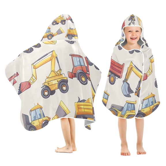 Cartoon Engineering Truck Vehicle Kids Hooded Beach Towel Baby Bath Poncho Towels with Hood Absorbent 50"x23.5" for Pool Swimming