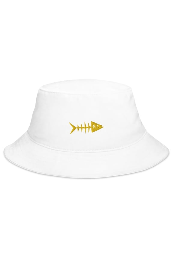 Adult Unisex Embroidered Yellow Fish Cotton White Bucket Hat
