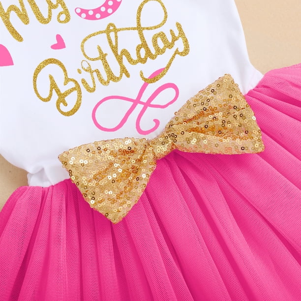 IBTOM CASTLE Toddler Baby Girls My 3rd Birthday Cake Smash Shinny Printed Sequin Bow Tutu Princess Dress 3 Years Hot Pink