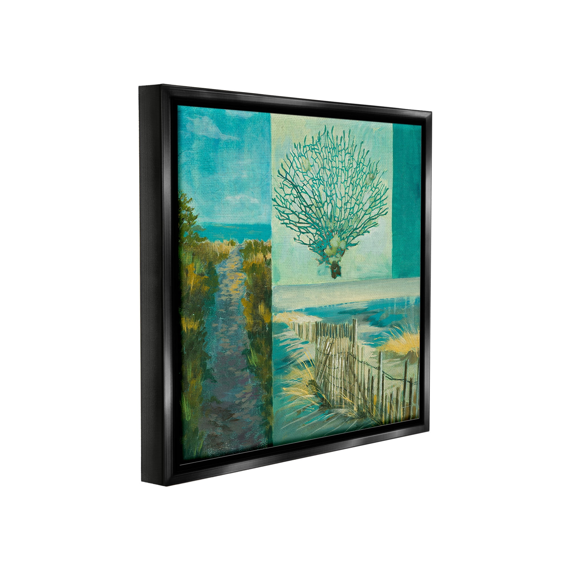 Stupell Industries Modern Beach Coral Collage Landscape Painting Black Floater Framed Canvas Art Print Wall Art, 18 x 18