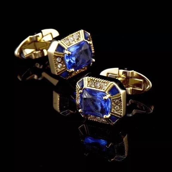 3Ct Emerald Cut Lab Created Blue Sapphire Attractive Cufflinks Men's 14K Yellow Gold Plated Silver
