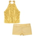 thumbnail image 5 of YONGHS Kids Girls Sequins Dance Outfits Sleeveless Halter Crop Tops with Gym Dance Shorts Set Yellow 8, 5 of 7