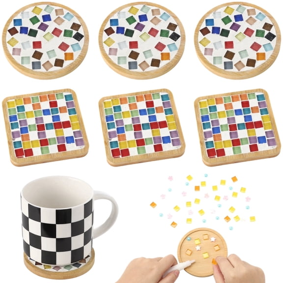 DIY Mosaic Art Coaster Kit - 6 Pack Round & Square Wood Base with Mixed Color Glass Tiles, Grout & Tools, Craft Set for Adults, Teens & Family