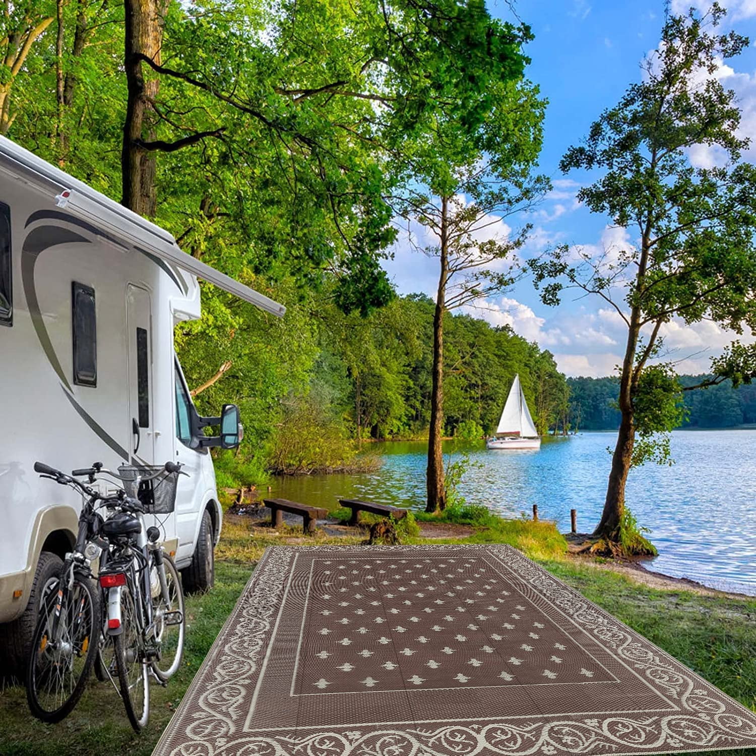 Findosom 6'x9' Brown Large Outdoor Rug Outdoor Mat RV Outdoor Rug Reversible Plastic Straw Area Rug Mat Camping Rugs Waterproof Floor Mat and Rug for RV, Patio, Backyard, Deck, Picnic, Beach, Trailer