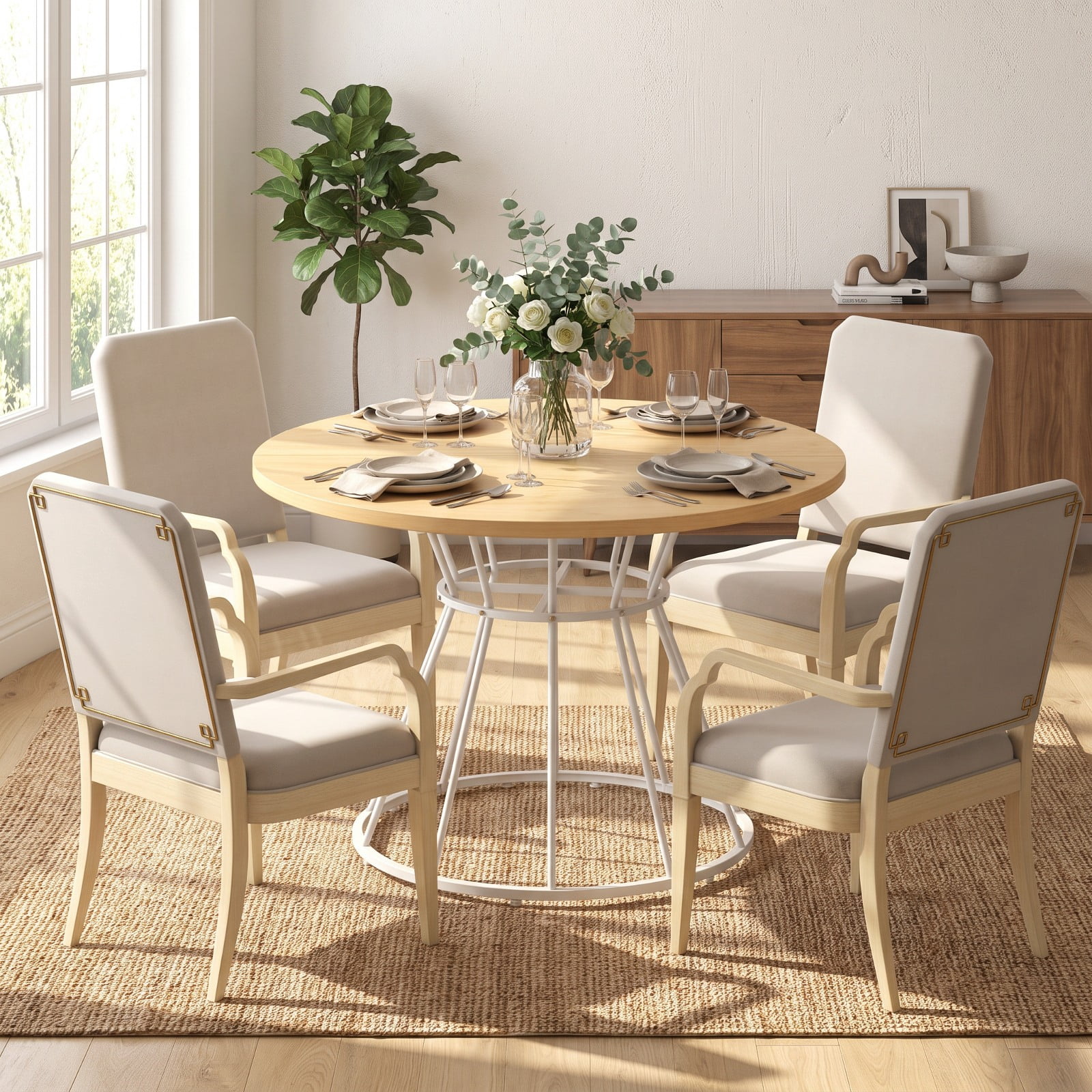 Furnibear 47 Inch Round Farmhouse Dining Table for 4 with Natural Wooden Tabletop
