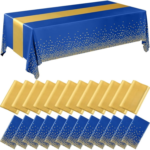 8 Pack Navy Blue and Gold Disposable Tablecloths with Satin Runners Set | 54x108 Inch Tablecloths and 12x108 Inch Satin Runners for Wedding Birthday Baby Shower Christmas New Year