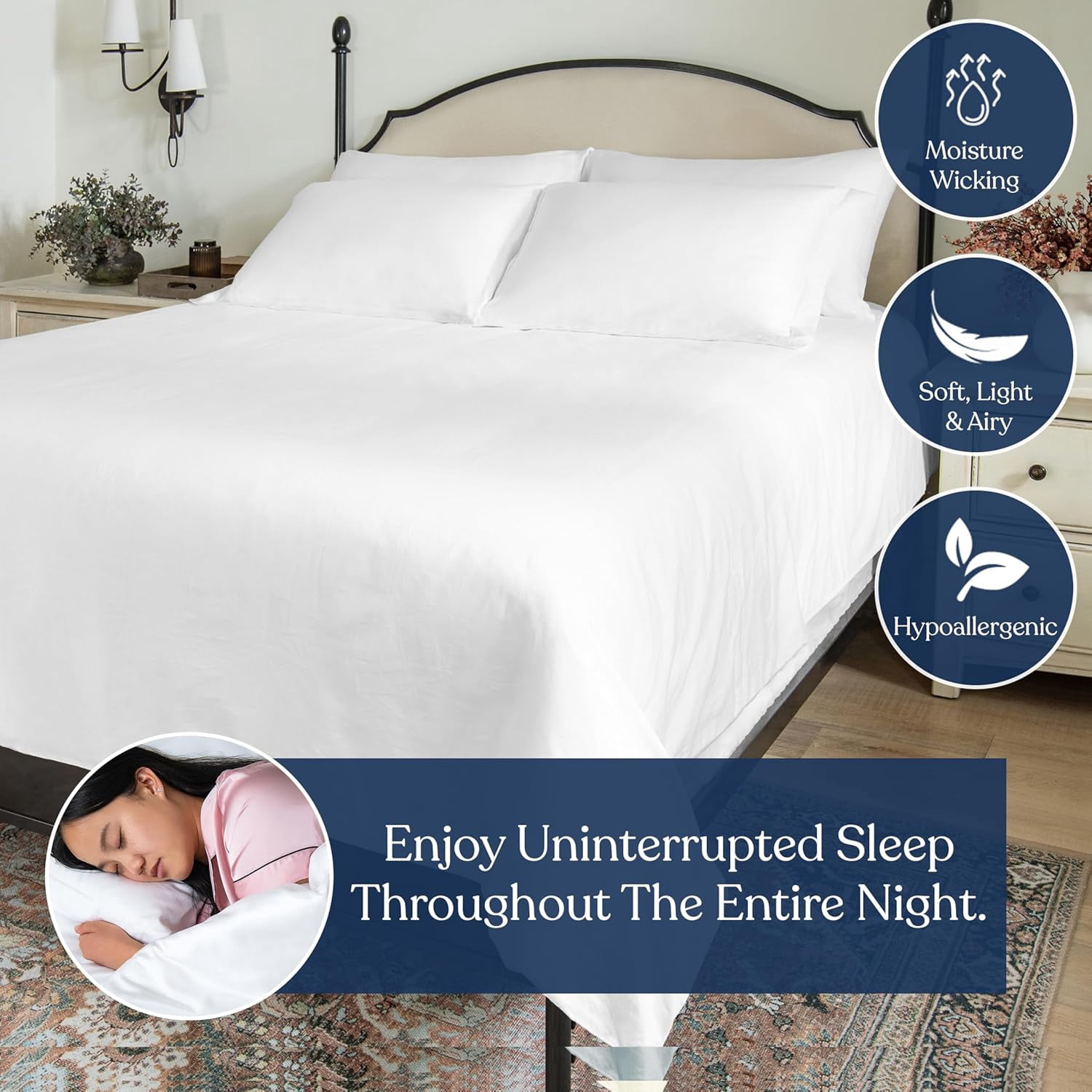 Delara Queen Organic Cotton Percale Sheets, 400 TC, Soft Breathable Smooth Bedding, White, 3-Piece No Flat Sheet, GOTS Certified