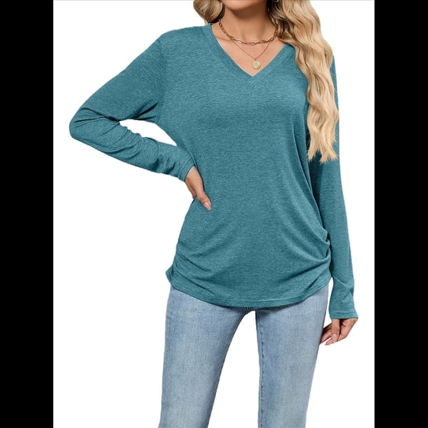 Camisetas de Mujer con Cuello en V, Larga, Informales, Básicas, Lisas y Suaves Azul Pavo Real L