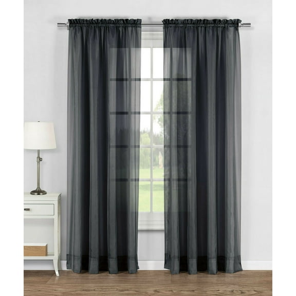 Elegant Sheer Voile Rod Pocket Curtain Panel Pair - Black, 84 in. Long