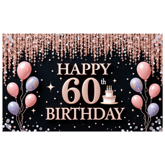 Decorative Design Happy Birthday Banner Pink Balloons 60th Cake Birthday Party Backdrop for Milestone Celebration Indoor Decoration Event Party