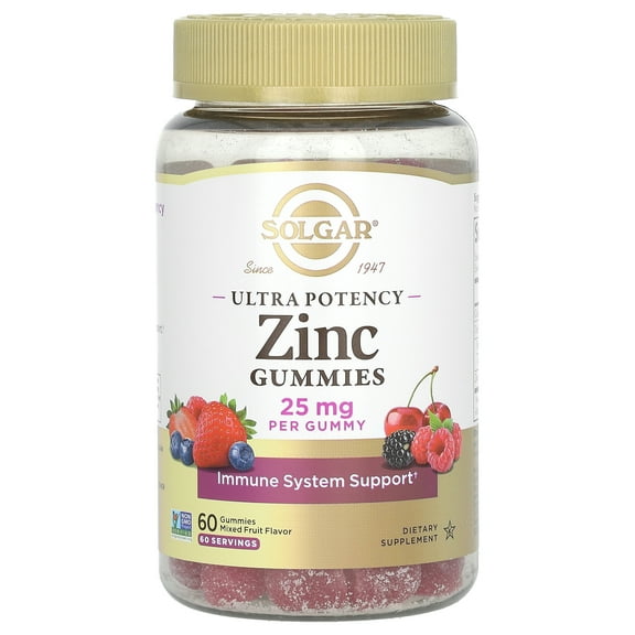Solgar Ultra Potency Zinc Gummies, 25 mg, Immune System Support, Mixed Fruit Flavor, 60 Gummies