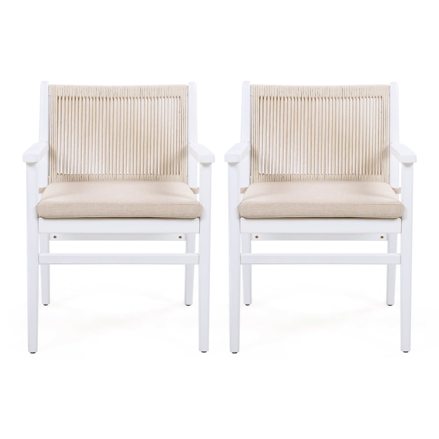 Lisonu Outdoor Dining Chairs, Set of 2, Modern Patio Armchairs with Woven Rope Back, White Acacia Wood Frame & Beige Water-Repellent Cushions