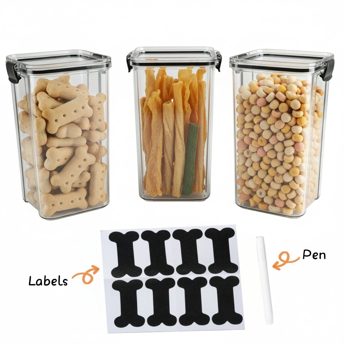 Brabtod 3-Pack Airtight Pet Food Containers with Locking Clips, Dog & Cat Food Storage with Labels & Pen, Bird Seed Treat Canisters