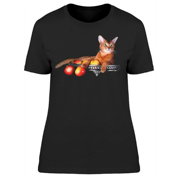 Cute Cat, In Silver Dish W/Fruit T-Shirt Women -Image by Shutterstock Women T-Shirt, Female Medium