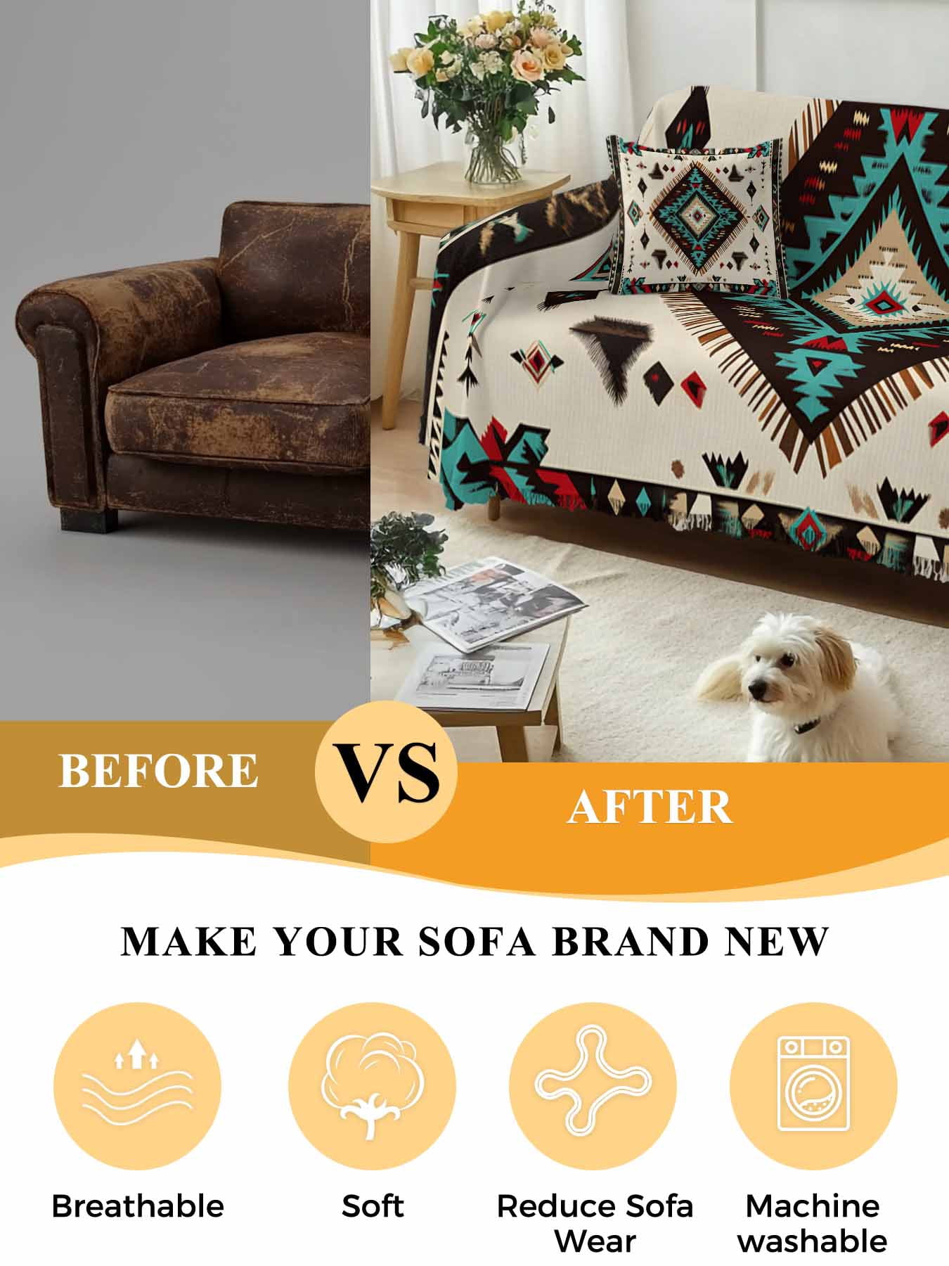 Red Teal Brown Southwestern Couch Cover, Ethnic Geometric Boho Retro Sofa Cover Blanket for 3 Cushion Couch, Sectional Sofa Slipcover Furniture Protector for Living Room Bedroom 71''x134''
