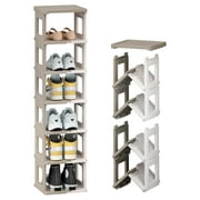 Drevy Shoe Rack for Closet Floor, 7 Tier Foldable Shoe Storage Organizer Cabinet, Vertical Narrow Shoe Shelf for Small Space, Stackable Shoe Holder for Entryway, Closet, Dorm (White & Brown)