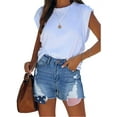 thumbnail image 1 of GORHGORH Women Washed Jeans Pockets Solid Color Mid Waist Casual Denim Shorts Ripped Jeans, 1 of 2