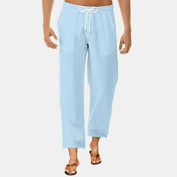 Handshe Men's Cotton-Linen Casual Pants Solid Color Loose Fit with Drawstring Waist and Pockets Breathable Comfortable Outdoor