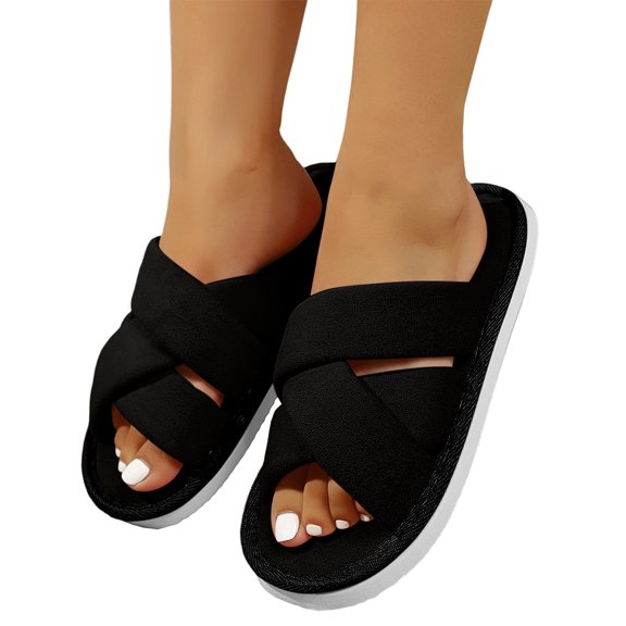 Iyufng Womens Criss Cross Strap Textile Slippers Soft Comfortable Open Toe Flat Warm Cozy Casual Indoor House Slide Sandals