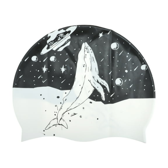 Unique Bargains 1 Pc Silicone Waterproof Kunpeng Print Swim Cap Black White