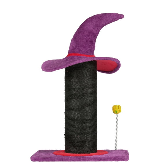 ZephyPaws 24" Halloween Wizard Hat Cat Scratching Post with Bouncy Toy, Cat Scratcher for Indoor Cats, Purple