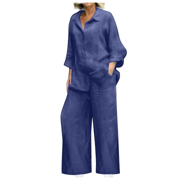 ibiyuan Travel Outfits for Women 2 Piece Sets for Women Long Sleeve Shirts & Wide Leg Trousers Loose Fit Dressy Cotton Linen Sets Outfits 2025