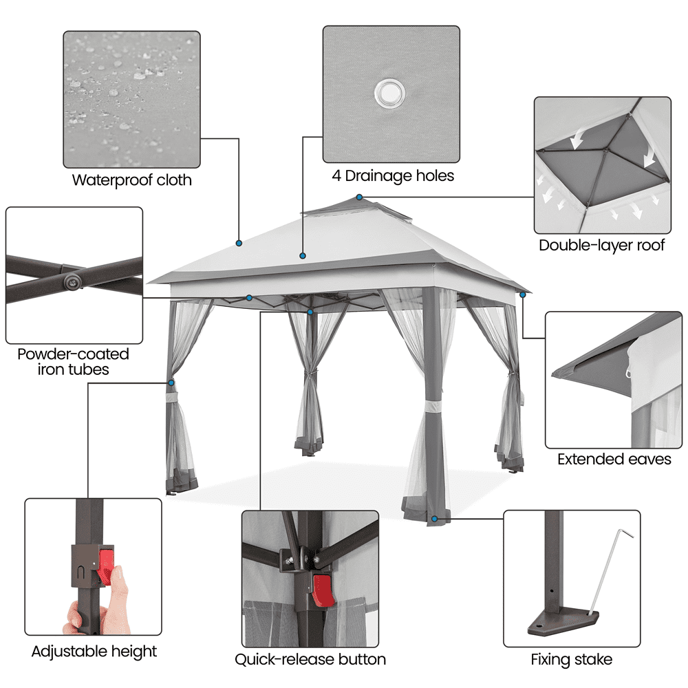 Renwick 11×11 FT Adjustable Outdoor Gazebo Canopy with 4 Mesh Sidewalls, Light Gray/Dark Gray