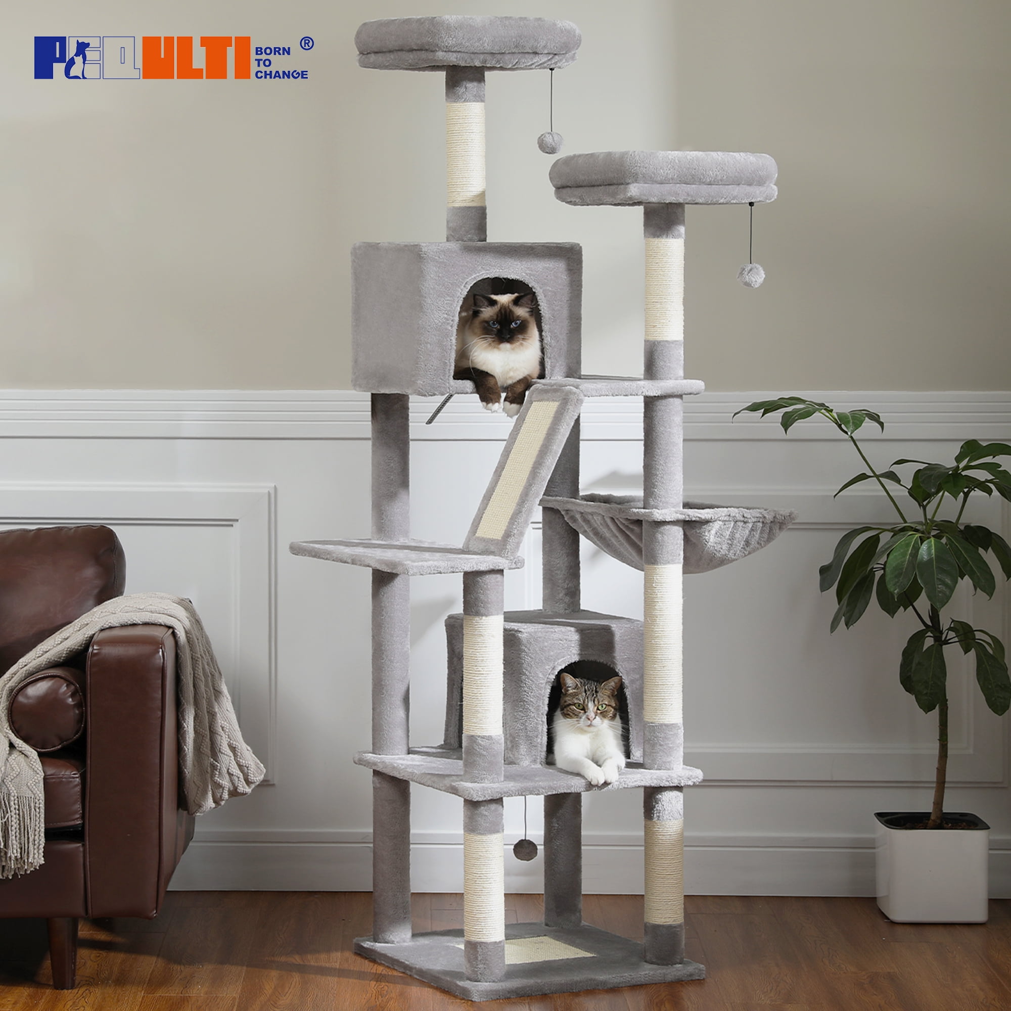 PEQULTI 71 " Large Cat Tree Tower for Cat with Dual Condos and 6 Scratching Posts Indoor Gray