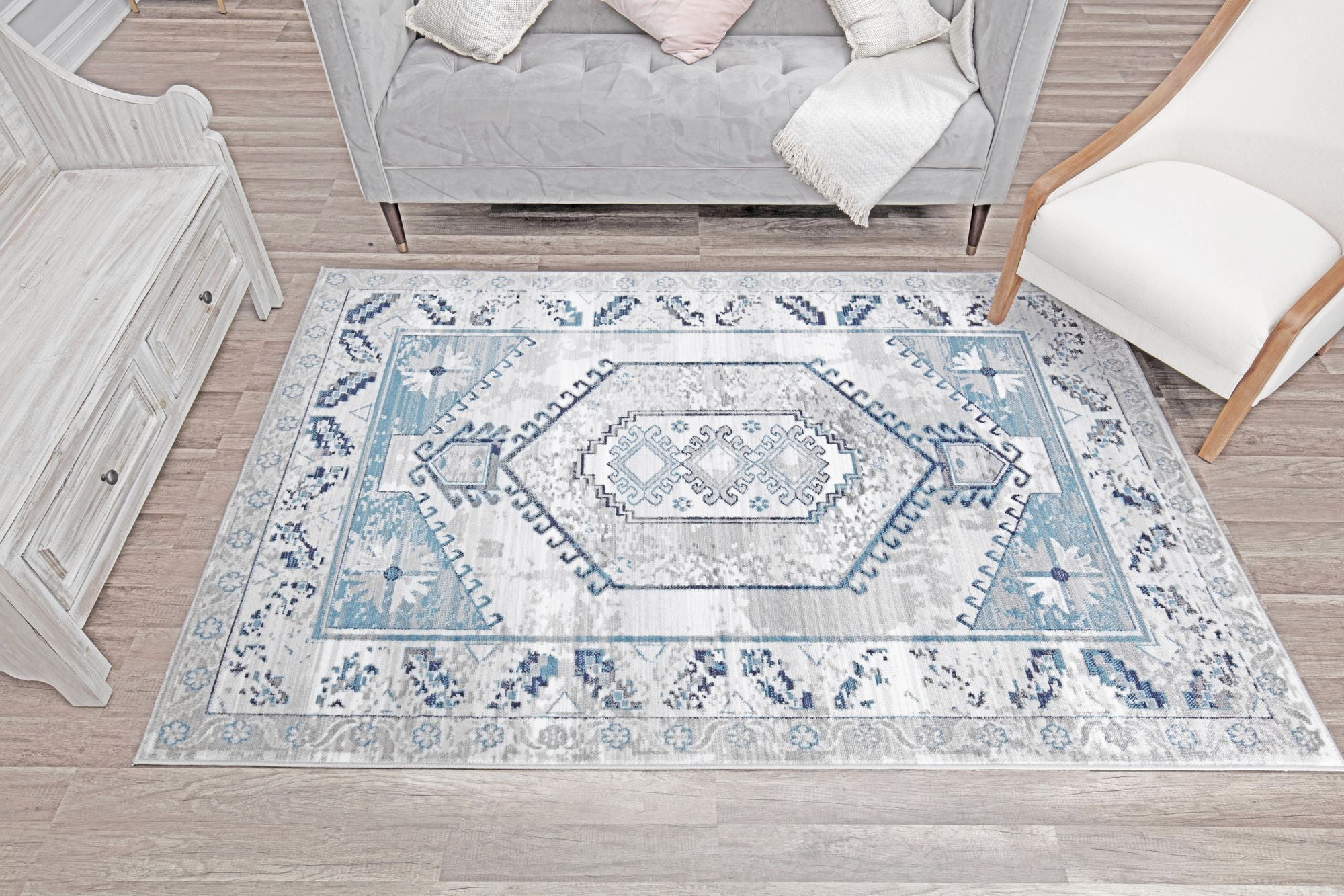 Freida FY10A Misty Blue Vintage Farmhouse Gray Area Rug, 2'6"x8'