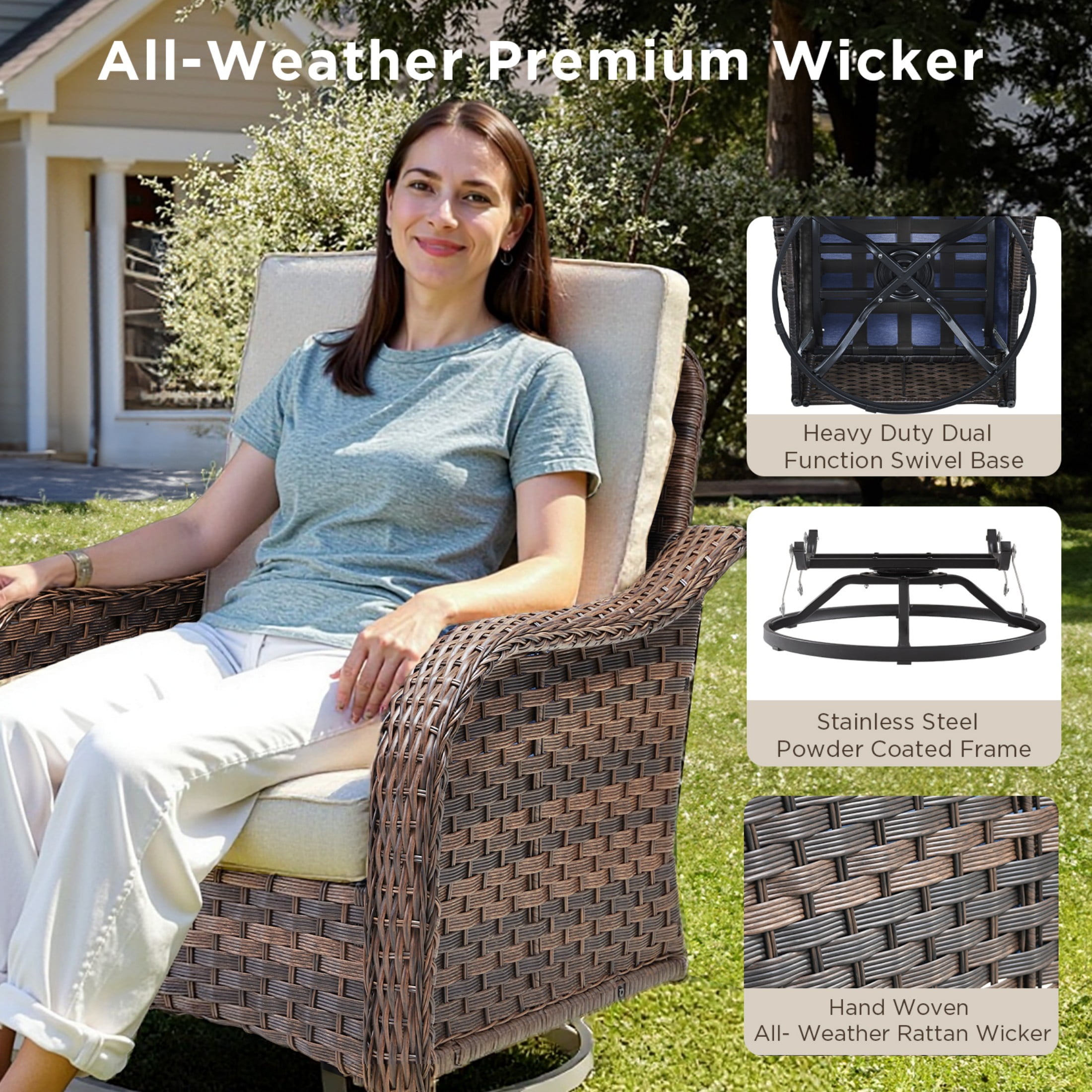 Unnifurnzi Outdoor Swivel Rocker Patio Chairs-High Back Outdoor Rocking Chairs Set of 2 All Weather Wicker Patio Chairs for Porch Balcony Deck-Brown/Beige