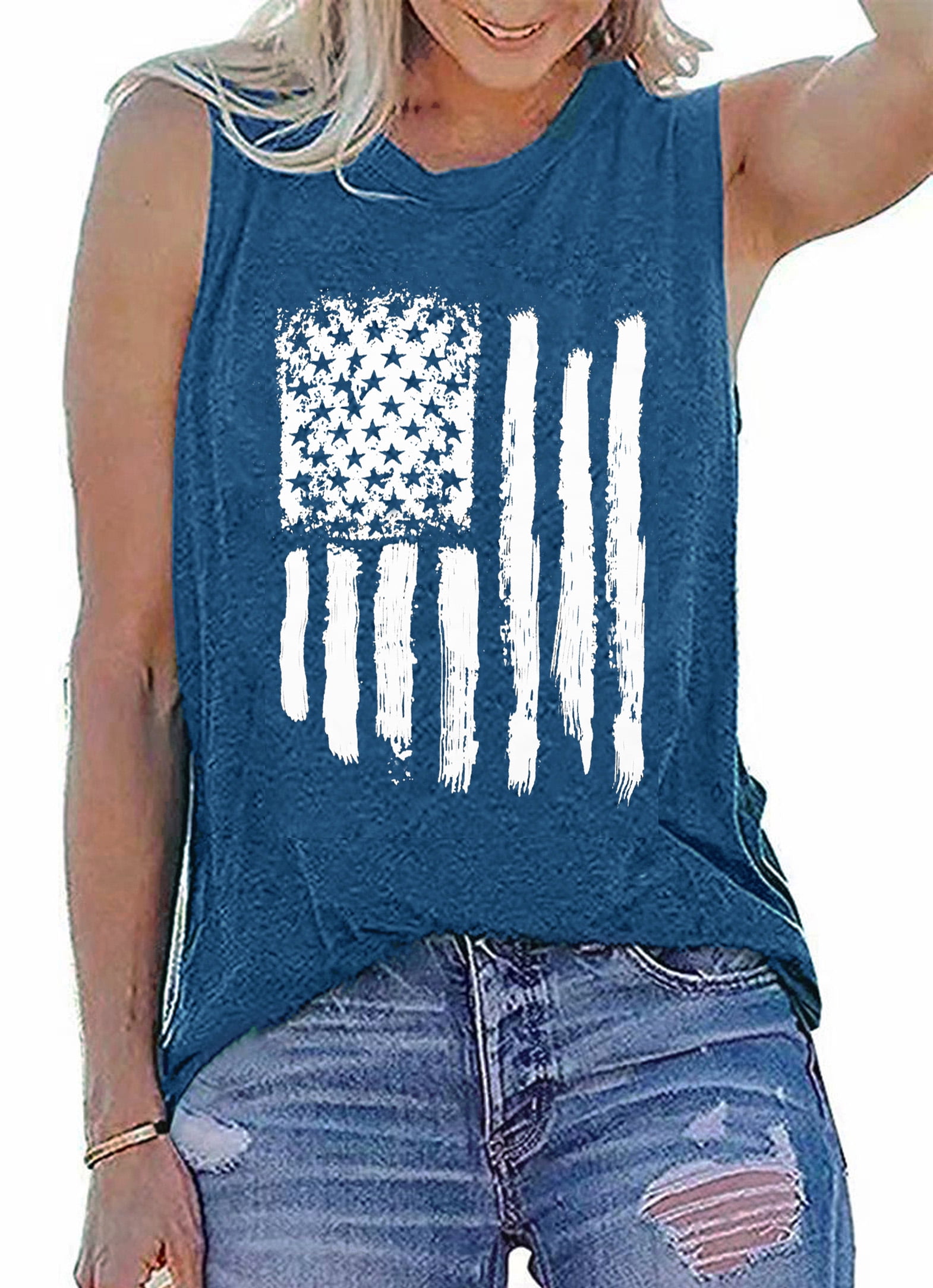 LAZYCHILD American Flag Tank Tops Women Patriotic Shirt USA Flag Stars Stripes Print Sleeveless 