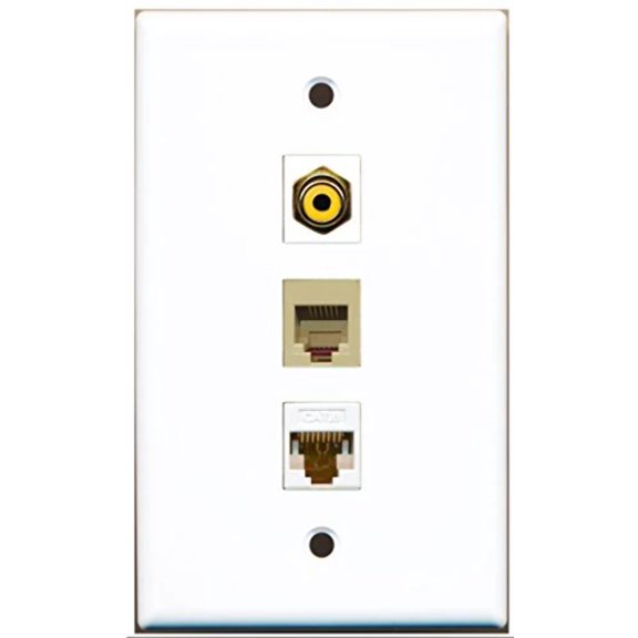RiteAV - 1 Port RCA Yellow and 1 Port Phone RJ11 RJ12 Beige and 1 Port Cat6 Ethernet White Wall Plate
